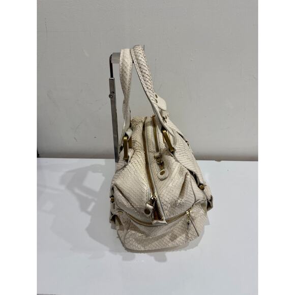 Jimmy Choo Suede Trim Python Embossed Leather Shoulder Top Handle Bag Off White - Picture 4 of 13